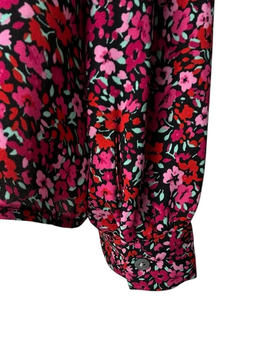 J CREW Factory Women L Pink Red Floral Flowers on Black Long Sleeve Blouse Top.
